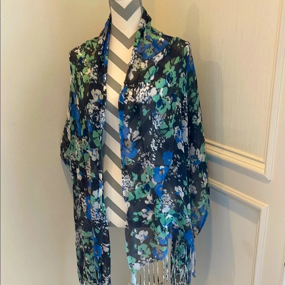 Floral Blue Black Scarf Women's Shawl Patterned Botanical Soft Lightweight Wrap